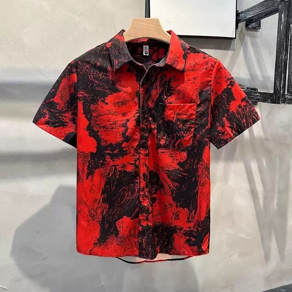 Red Black Ink Wash Print Shirt